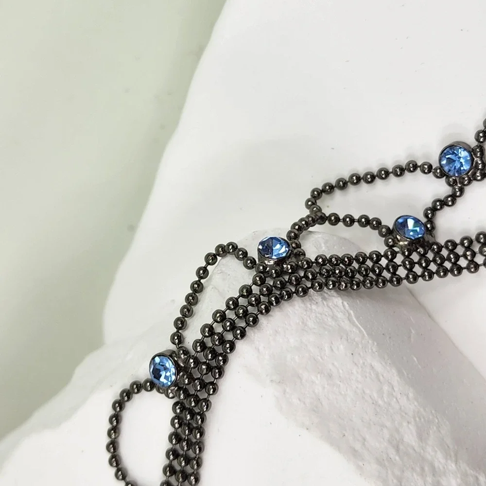 Kiam Family Blue Rhinestone Gunmetal Multi Strand Draped Statement Bib Necklace